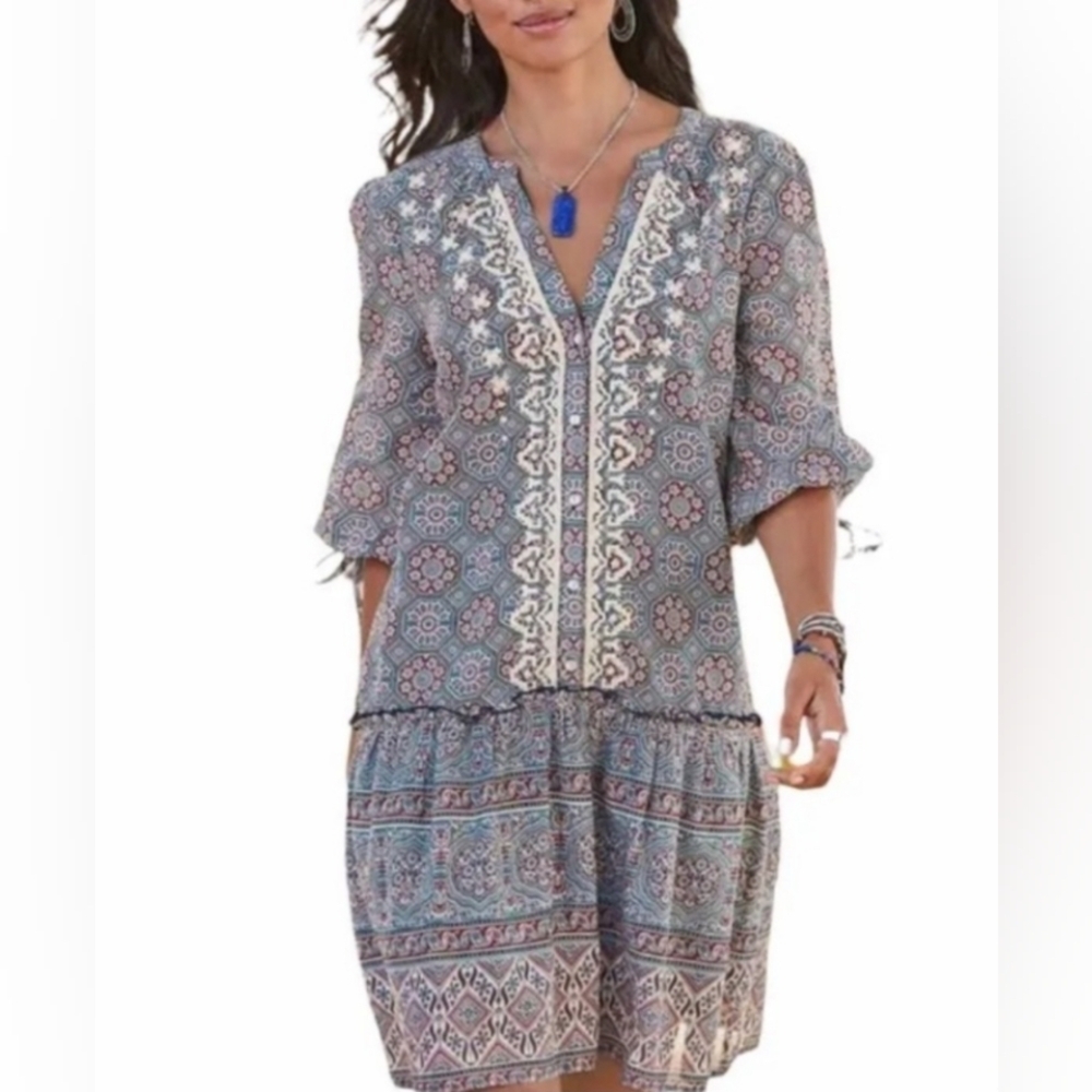Sundance Women’s Zuri Discovery Embroidered Drop Waist dress Mosaic Print Med